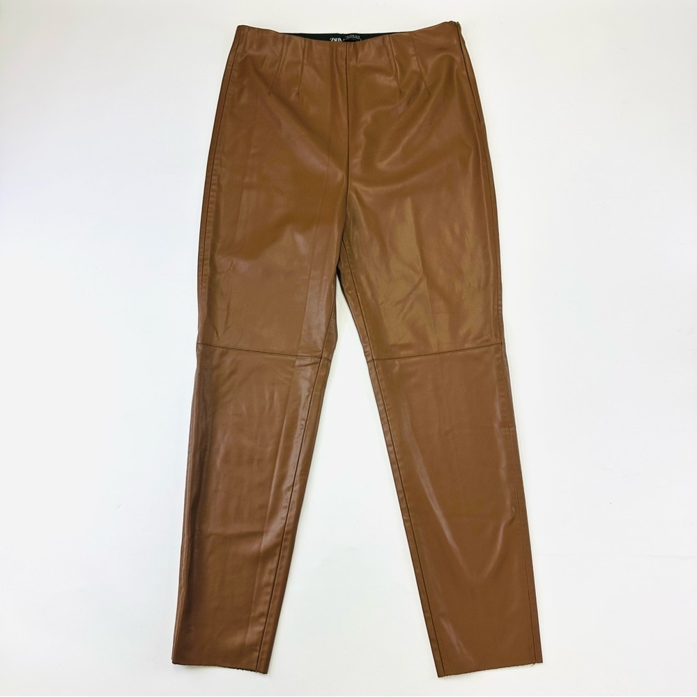 Zara brown vegan leather trousers Size 10 Womens side zip high waisted